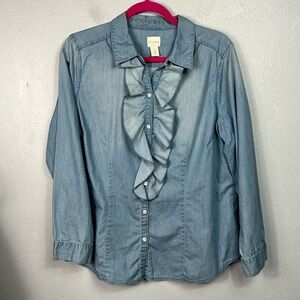 Chico’s Chambray Ruffle Button Front Long Sleeve Shirt Large 12